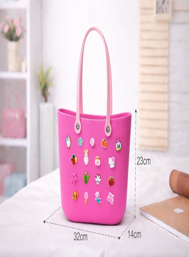 RAMNATH IMPEX حقيبة يد أنيقة باللون الوردي الداكن للبنات والسيدات | حقيبة يد ناعمة وخفيفة الوزن ومقاومة للماء مصنوعة من مادة EVA مع تعليقات كرتونية | حقيبة تسوق للشاطئ، حقيبة سفر للنزهات، حقيبة رياضية، حقائب للمكتب والجامعة، حقيبة هدايا للنساء. - Image 5